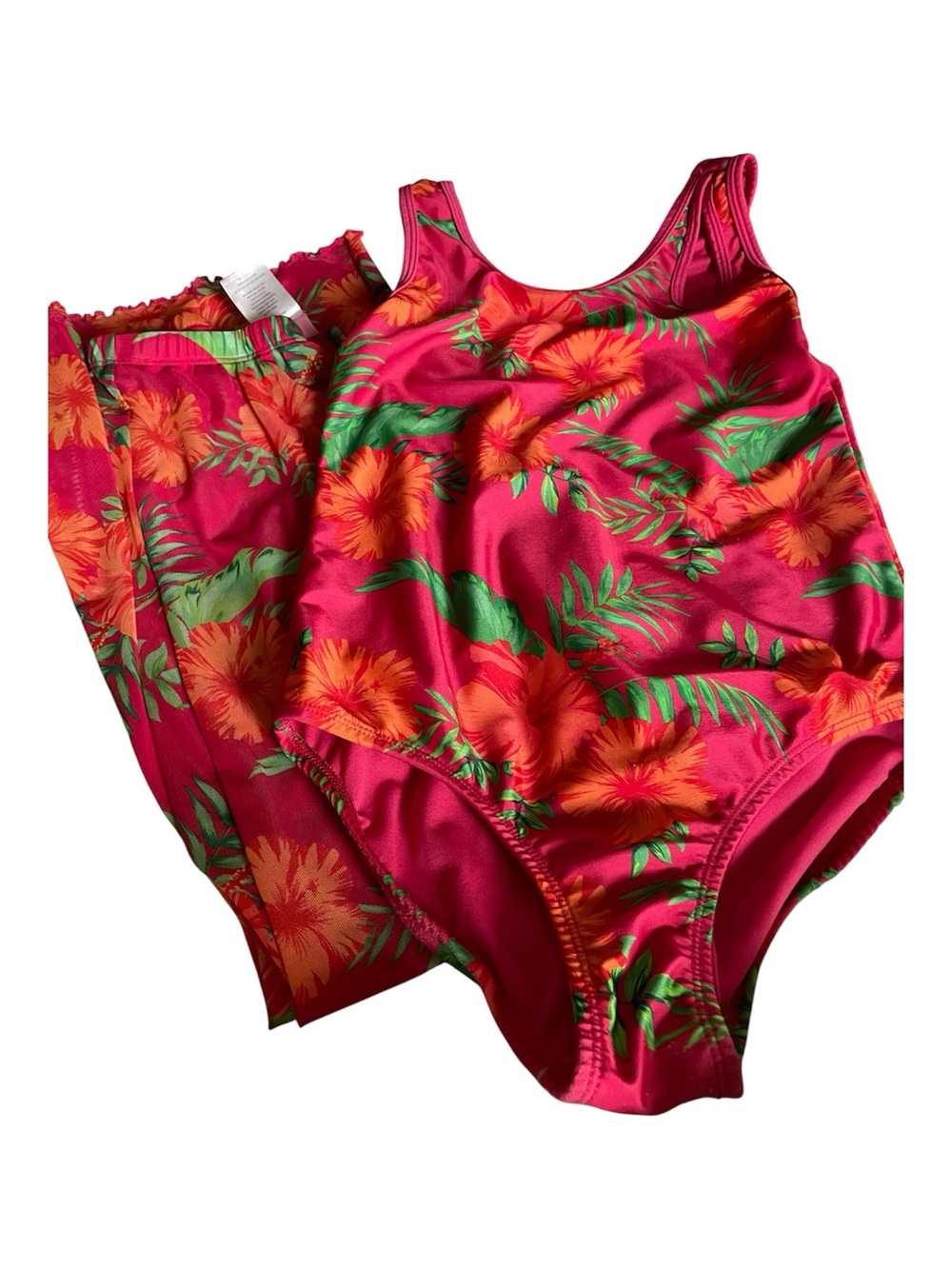 Bright Pink Floral Two Piece Swimsuit with Orange Flowers